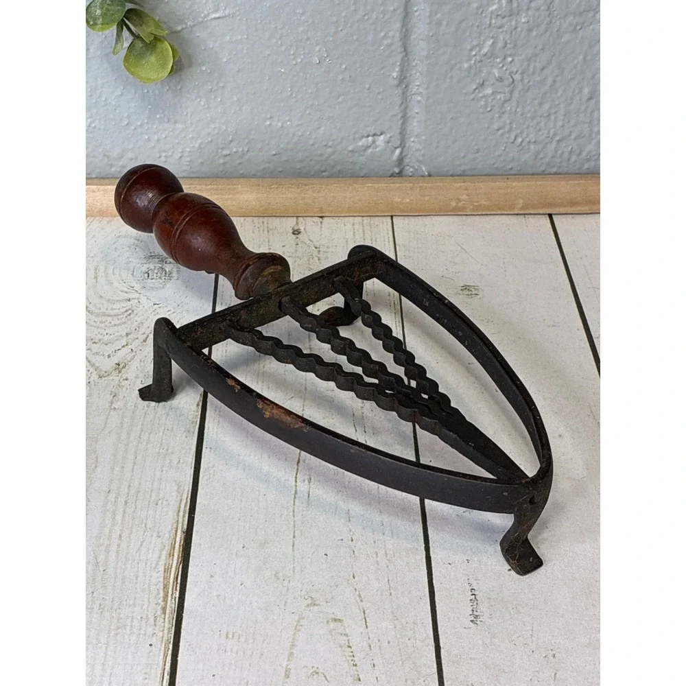 Antique Wrought Iron Sad Iron Trivet Wavy Bars Wood Handle Primitive